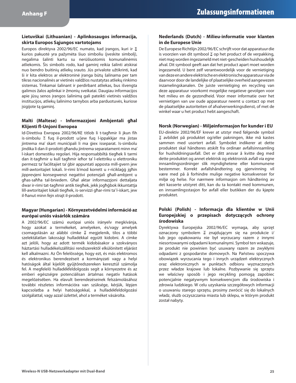 Zulassungsinformationen, Anhang f | Cisco WUSB600N User Manual | Page 28 / 43