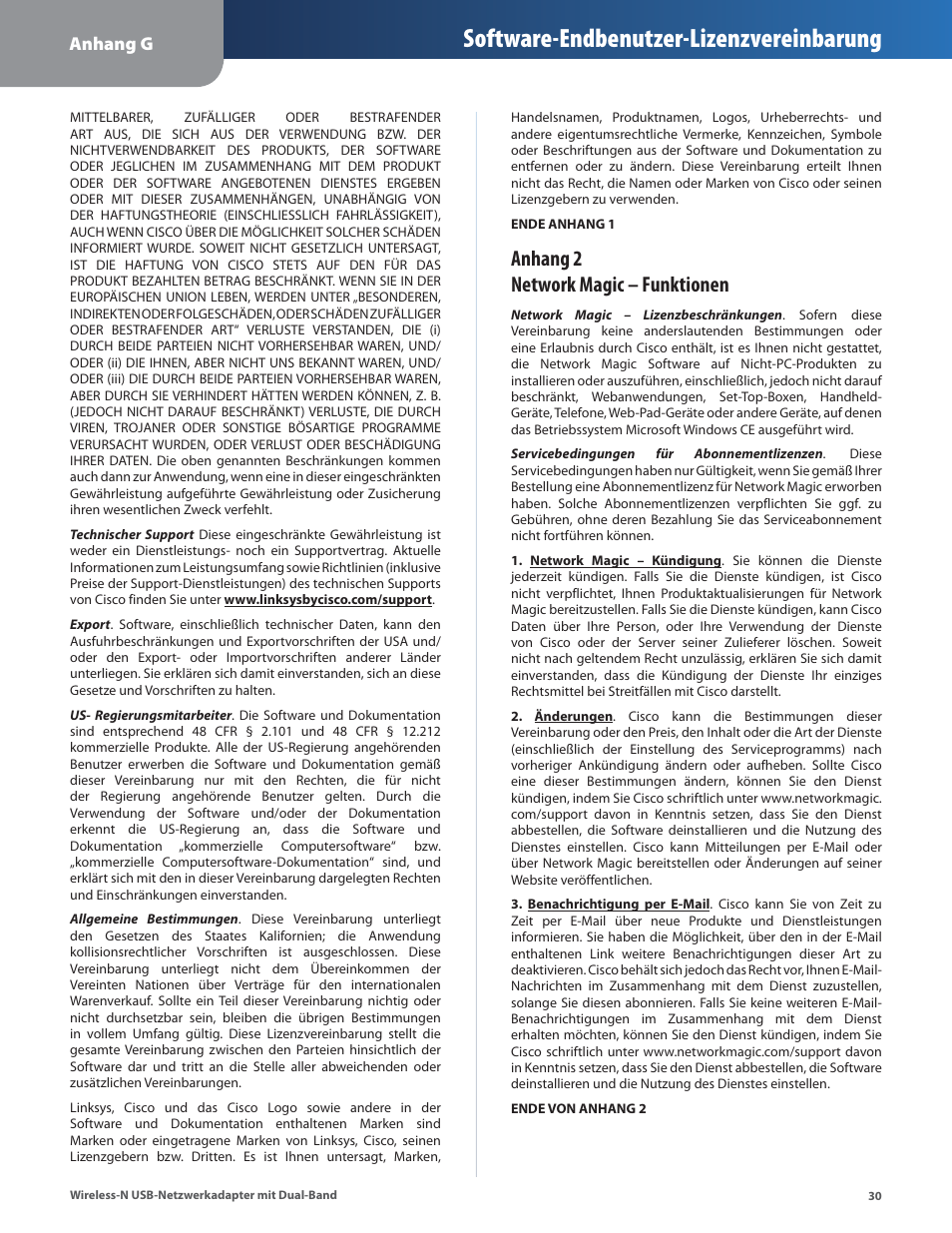 Software-endbenutzer-lizenzvereinbarung, Anhang 2 network magic – funktionen, Anhang g | Cisco WUSB600N User Manual | Page 33 / 43