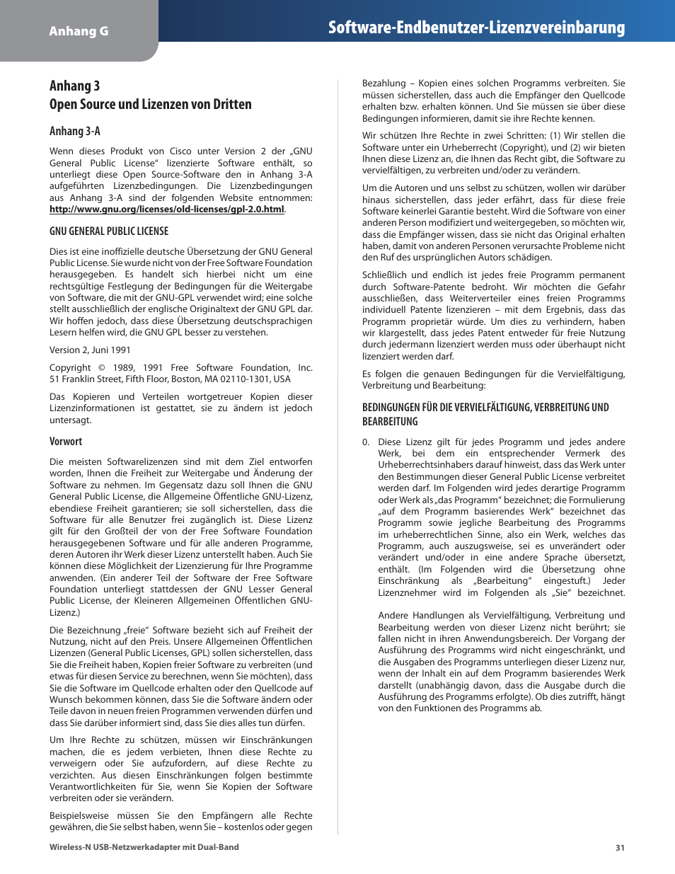 Software-endbenutzer-lizenzvereinbarung, Anhang 3 open source und lizenzen von dritten, Anhang g | Anhang 3-a | Cisco WUSB600N User Manual | Page 34 / 43