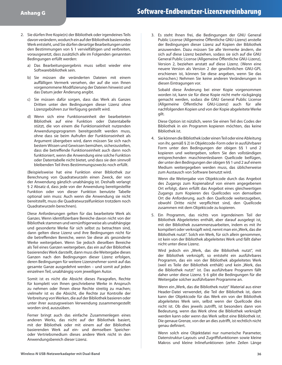 Software-endbenutzer-lizenzvereinbarung, Anhang g | Cisco WUSB600N User Manual | Page 39 / 43