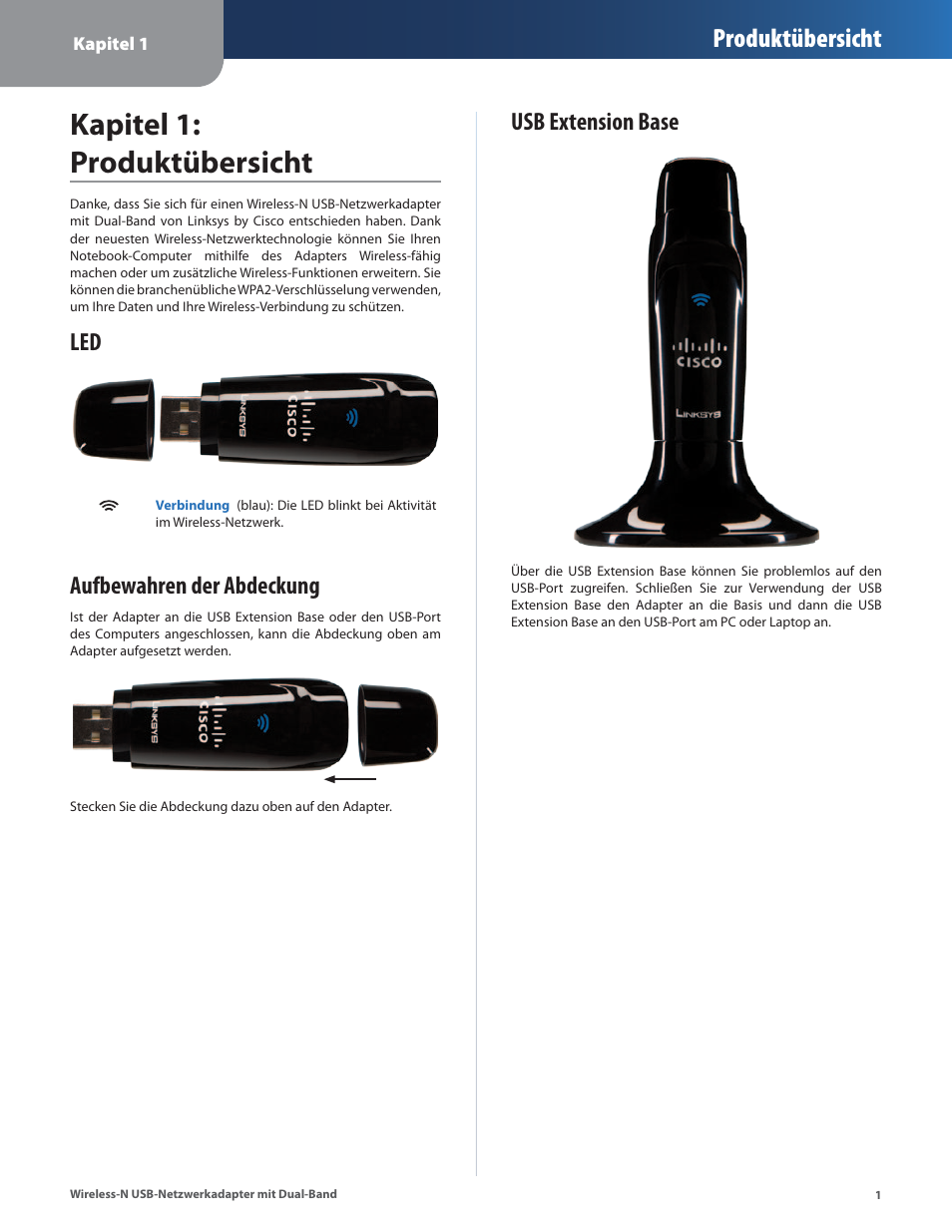 Kapitel 1: produktübersicht, Aufbewahren der abdeckung, Usb extension base | Aufbewahren der abdeckung usb extension base, Produktübersicht | Cisco WUSB600N User Manual | Page 4 / 43