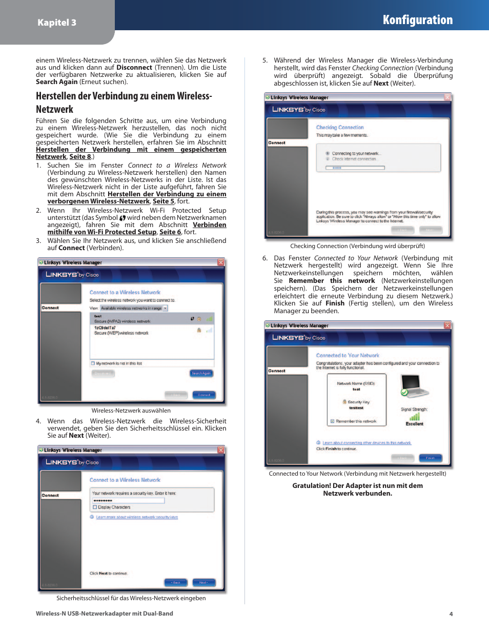 Herstellen der verbindung zu, Einem wireless-netzwerk , seite 4, Konfiguration | Kapitel 3 | Cisco WUSB600N User Manual | Page 7 / 43