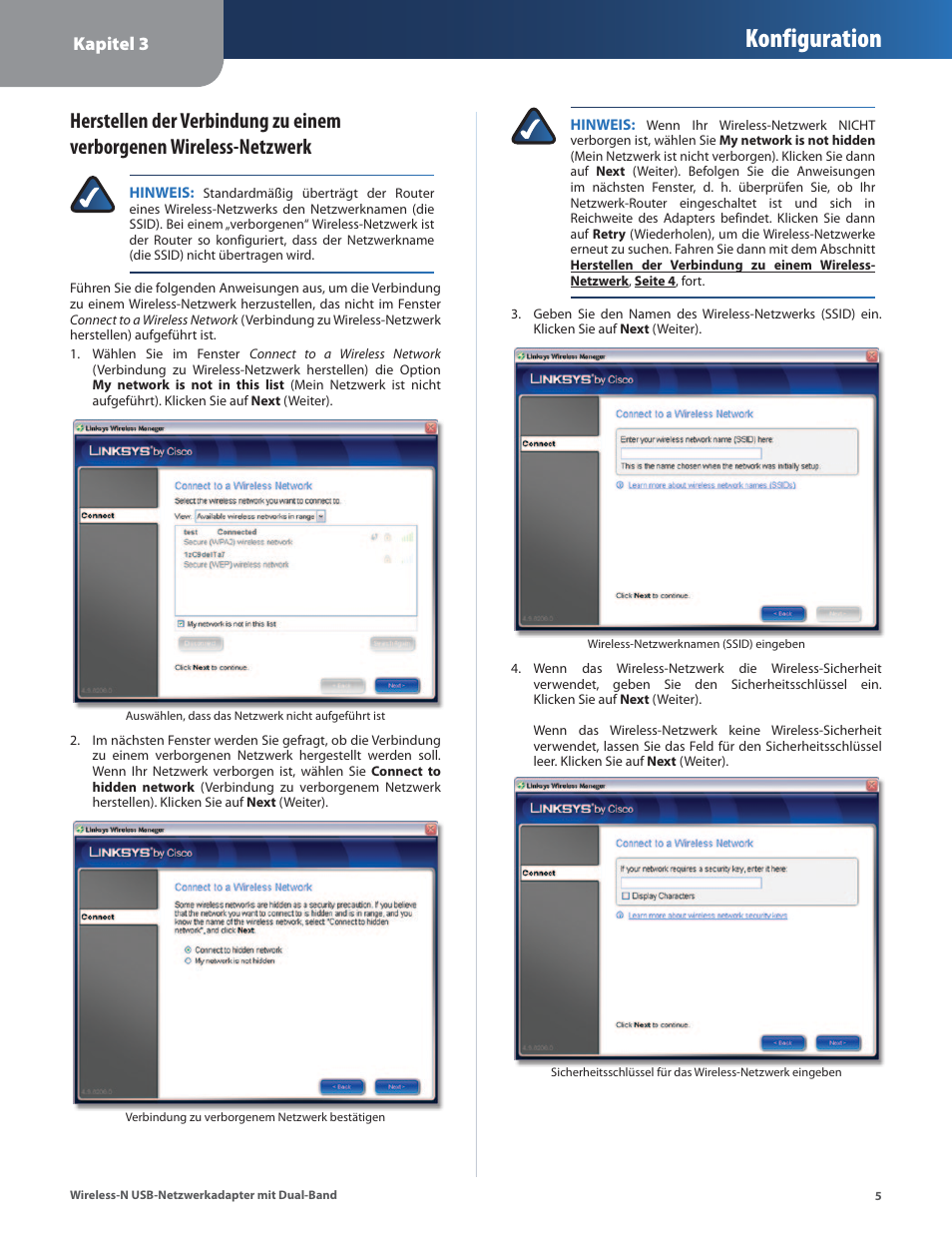 Herstellen der verbindung zu einem, Verborgenen wireless-netzwerk , seite 5, Konfiguration | Kapitel 3 | Cisco WUSB600N User Manual | Page 8 / 43