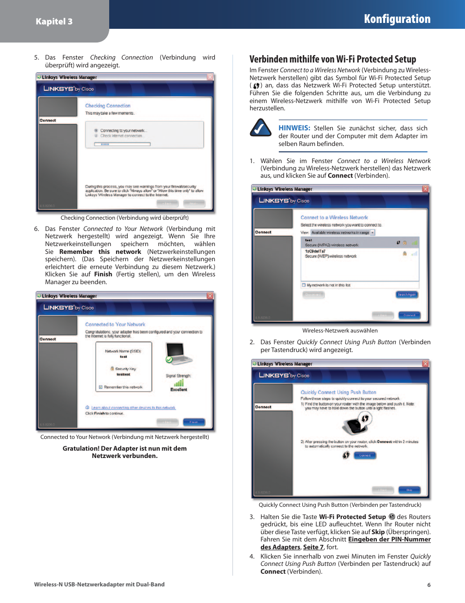 Verbinden mithilfe von wi, Fi protected setup , seite 6, Verbinden | Mithilfe von wi-fi protected setup , seite 6, Konfiguration, Verbinden mithilfe von wi-fi protected setup, Kapitel 3 | Cisco WUSB600N User Manual | Page 9 / 43