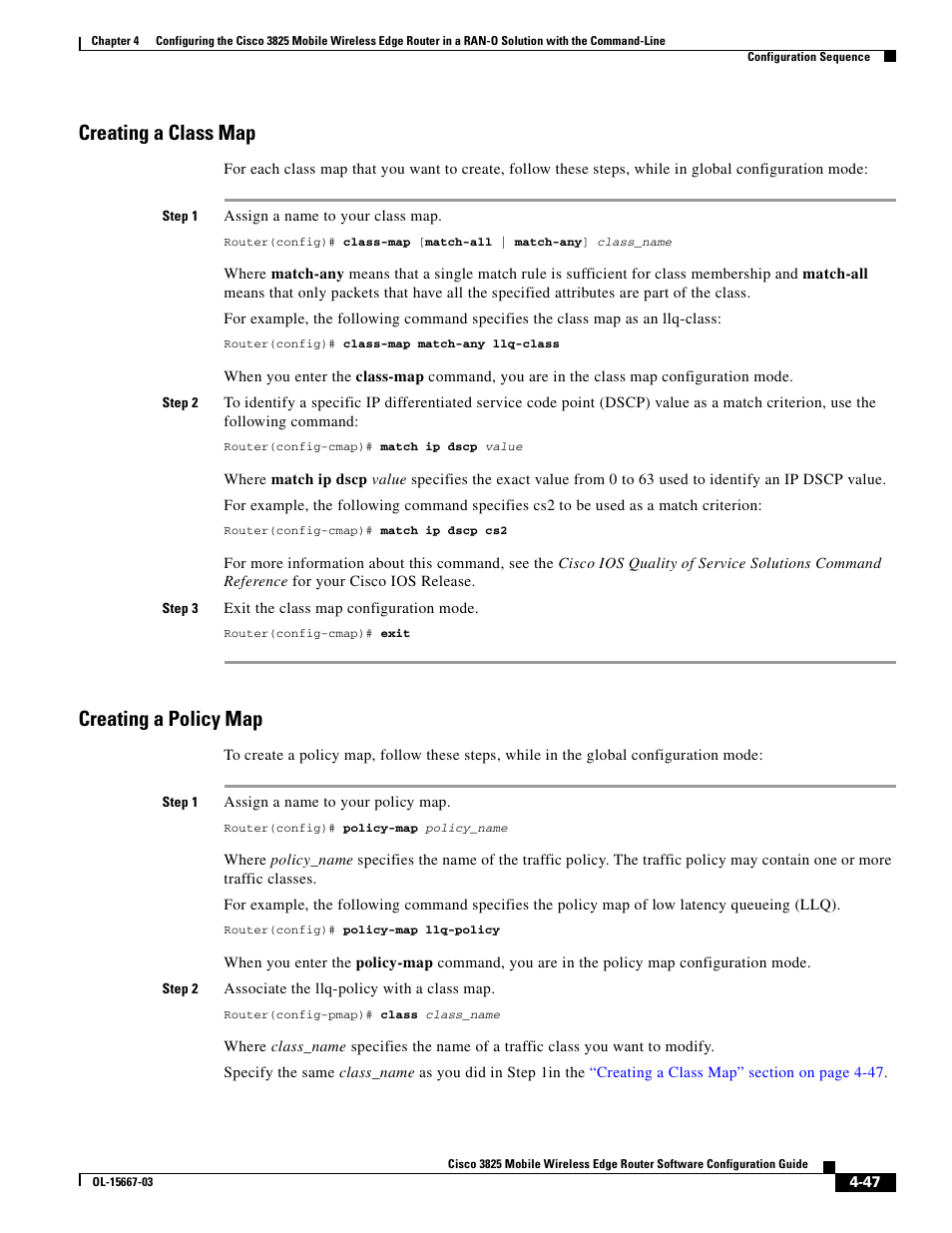 Creating a class map, Creating a policy map | Cisco 3825 User Manual | Page 105 / 358