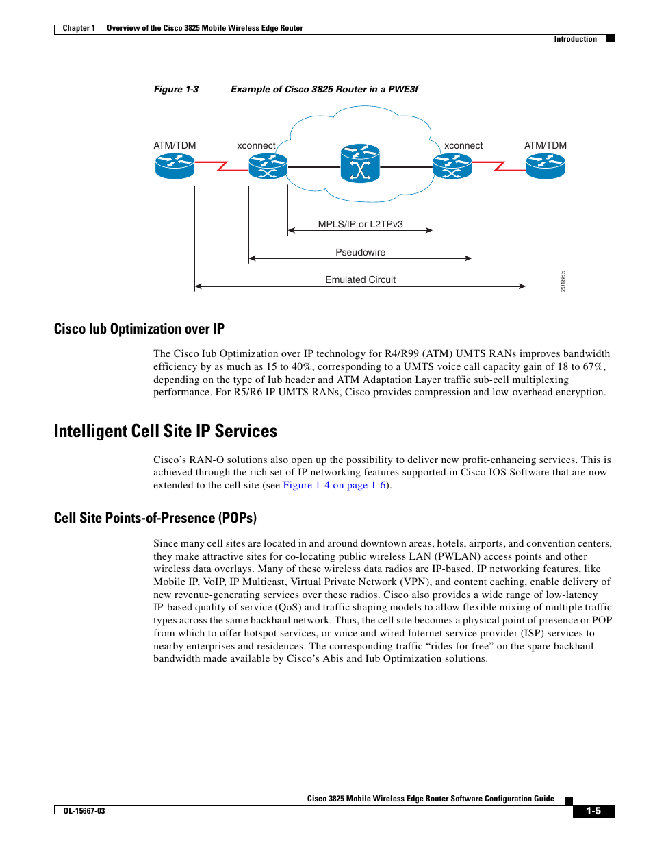 Cisco iub optimization over ip, Intelligent cell site ip services, Cell site points-of-presence (pops) | Figure 1-3 | Cisco 3825 User Manual | Page 15 / 358