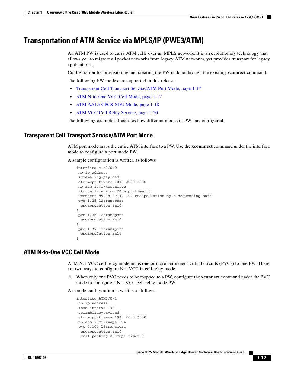 Transparent cell transport service/atm port mode, Atm n-to-one vcc cell mode | Cisco 3825 User Manual | Page 27 / 358