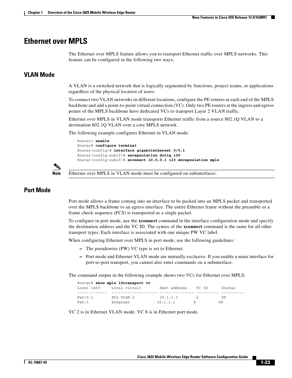 Ethernet over mpls, Vlan mode, Port mode | Cisco 3825 User Manual | Page 33 / 358