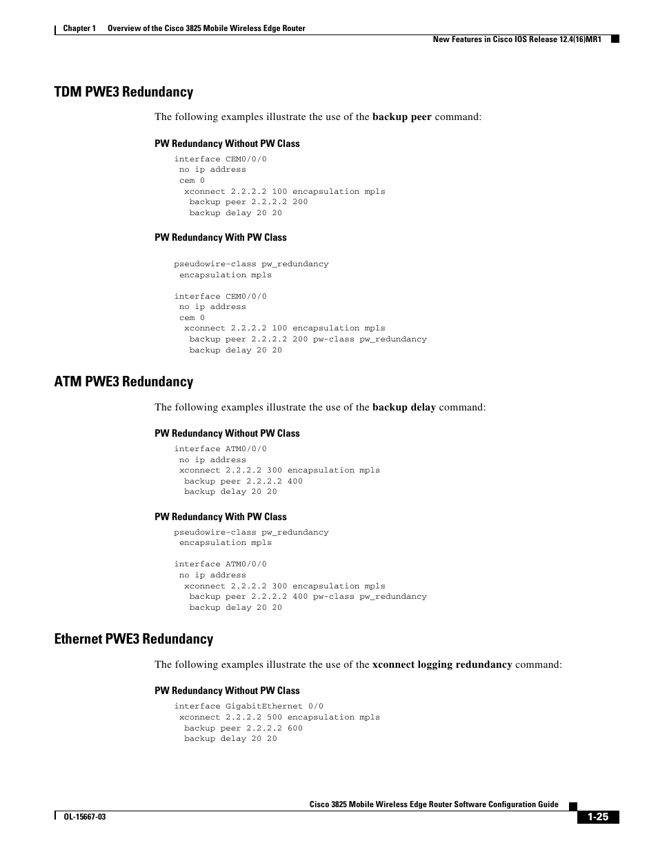 Tdm pwe3 redundancy, Atm pwe3 redundancy, Ethernet pwe3 redundancy | Cisco 3825 User Manual | Page 35 / 358