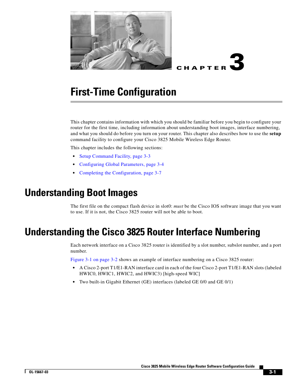 First-time configuration, Understanding boot images, Chapter 3 | Chapter 3, “first-time, Configuration | Cisco 3825 User Manual | Page 51 / 358