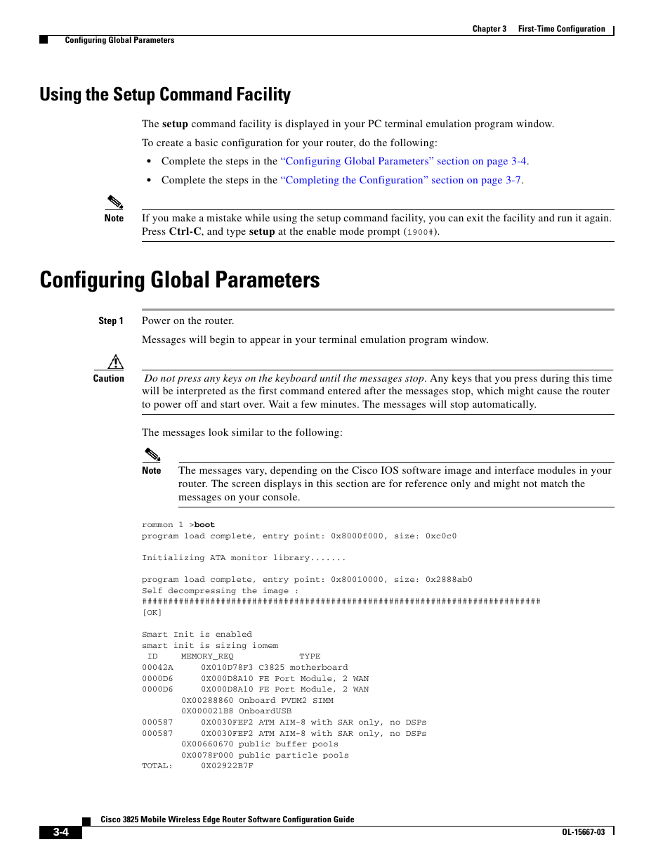 Using the setup command facility, Configuring global parameters | Cisco 3825 User Manual | Page 54 / 358