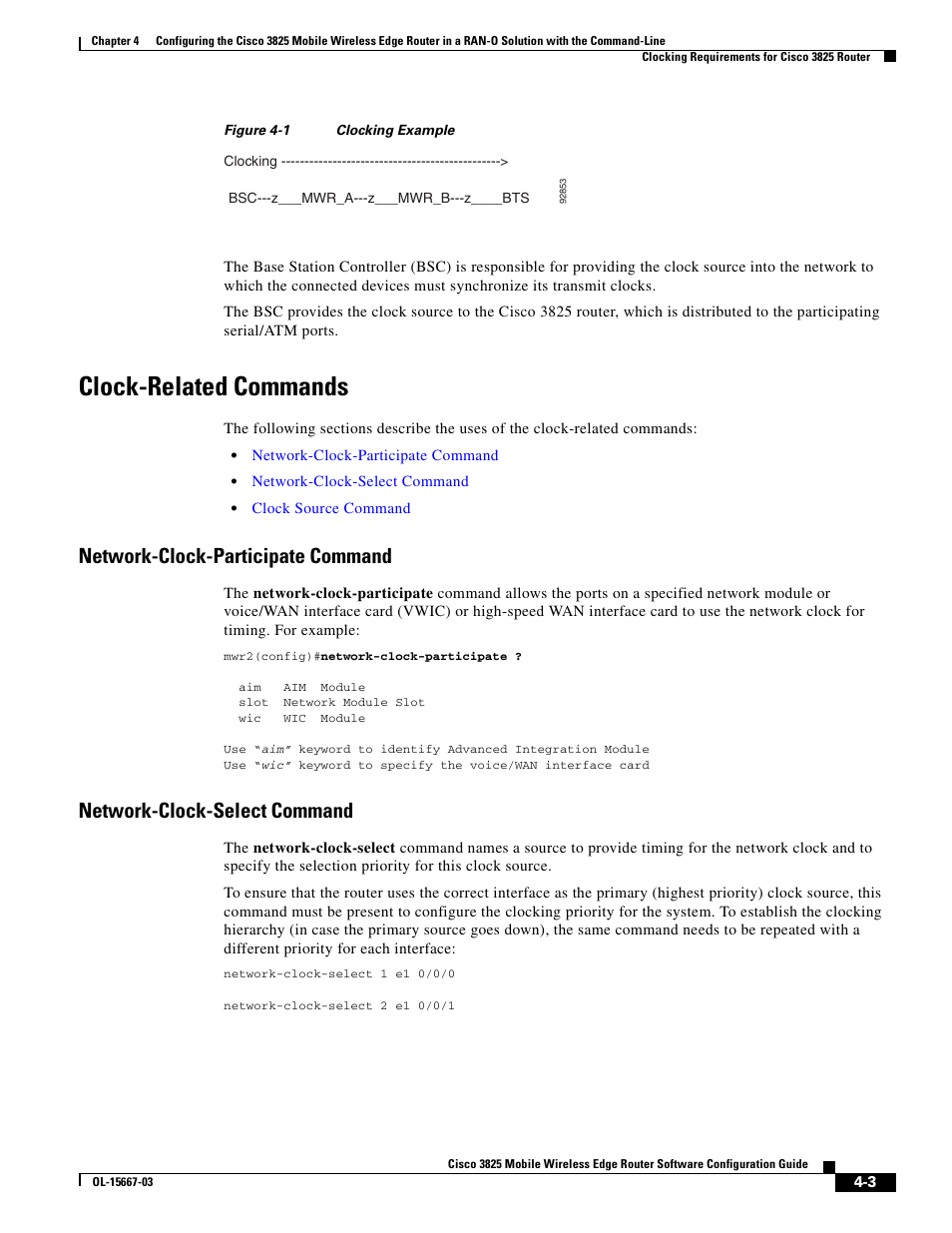 Clock-related commands, Network-clock-participate command, Network-clock-select command | Figure 4-1 | Cisco 3825 User Manual | Page 61 / 358