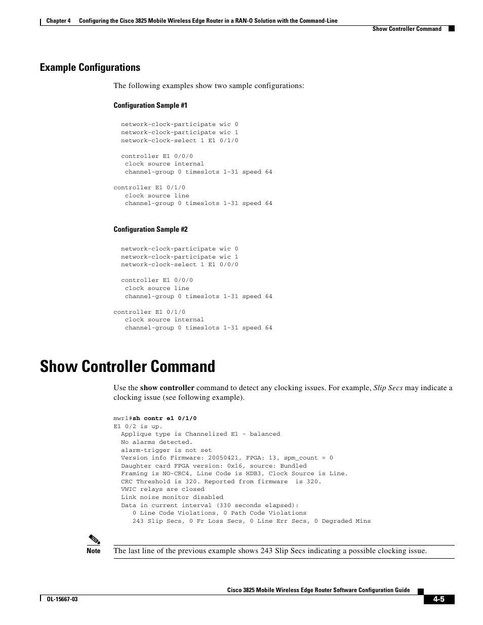 Example configurations, Show controller command | Cisco 3825 User Manual | Page 63 / 358