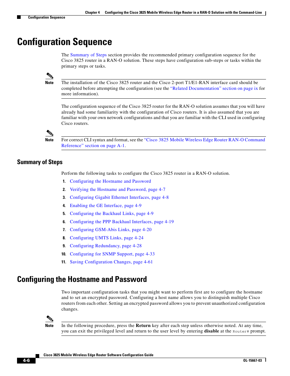 Configuration sequence, Summary of steps, Configuring the hostname and password | Cisco 3825 User Manual | Page 64 / 358