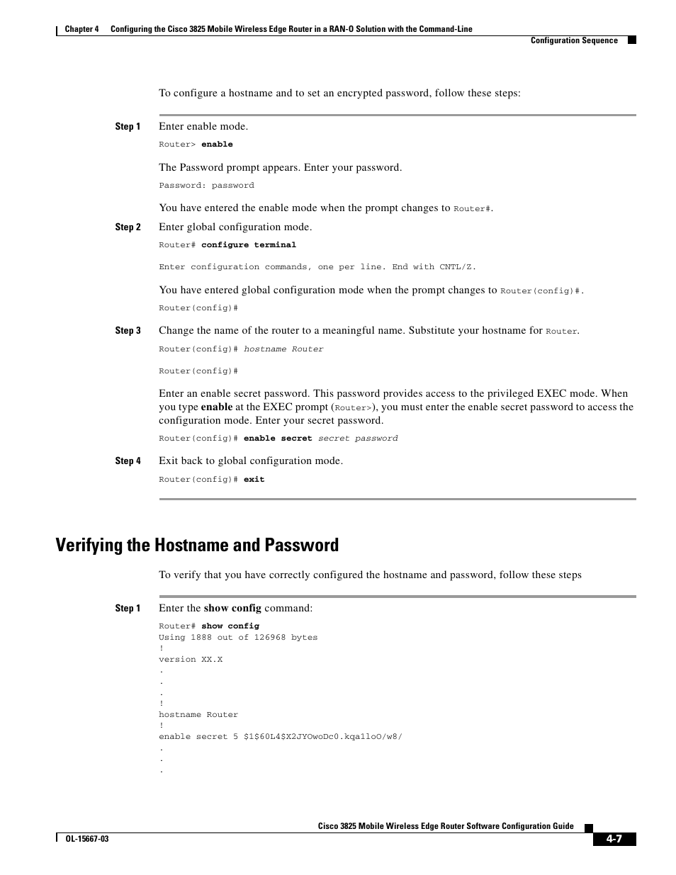 Verifying the hostname and password | Cisco 3825 User Manual | Page 65 / 358