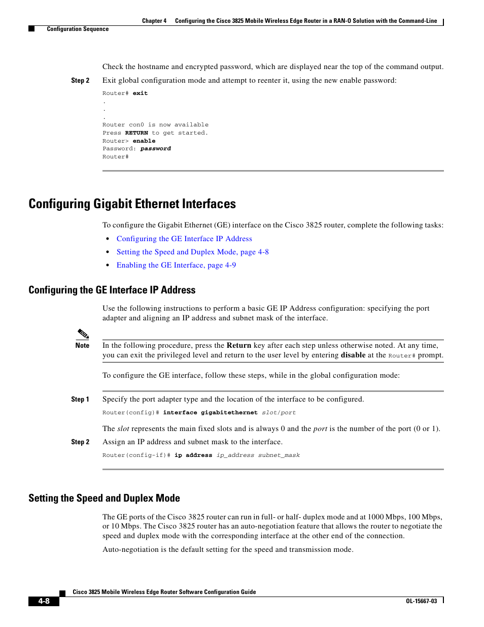 Configuring gigabit ethernet interfaces, Configuring the ge interface ip address, Setting the speed and duplex mode | Cisco 3825 User Manual | Page 66 / 358