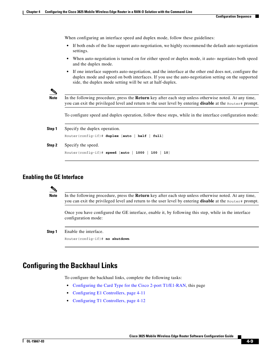 Enabling the ge interface, Configuring the backhaul links | Cisco 3825 User Manual | Page 67 / 358