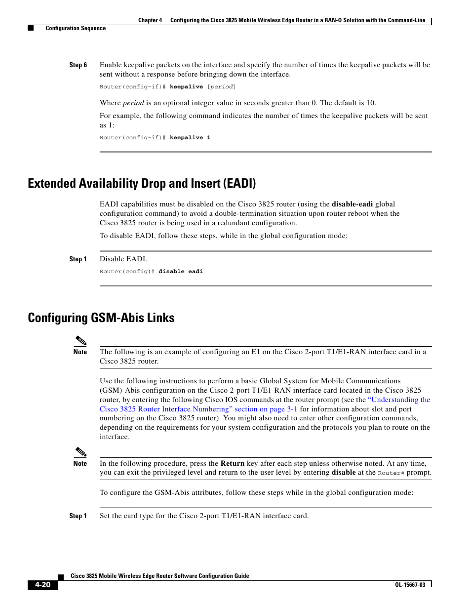 Extended availability drop and insert (eadi), Configuring gsm-abis links | Cisco 3825 User Manual | Page 78 / 358