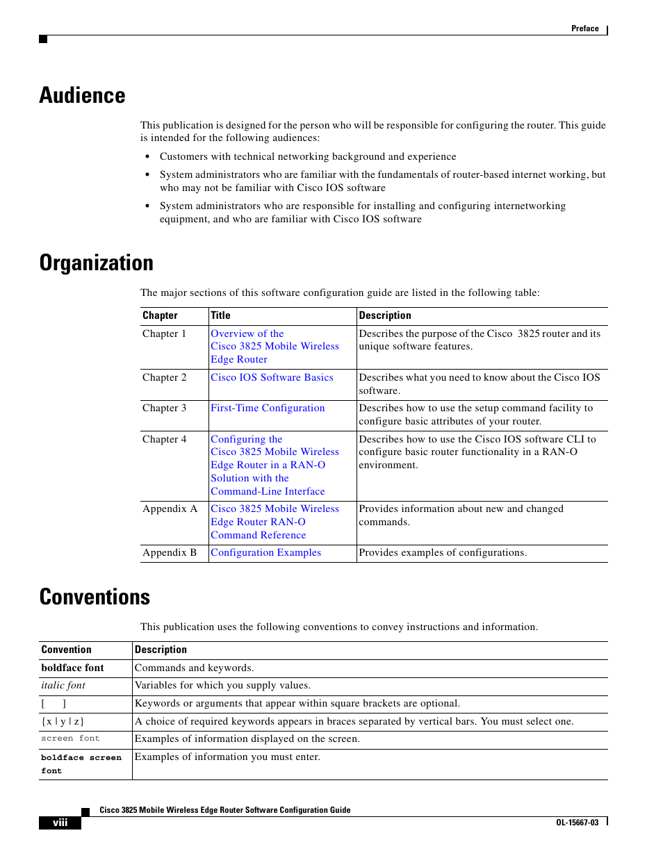 Audience, Organization, Conventions | Cisco 3825 User Manual | Page 8 / 358