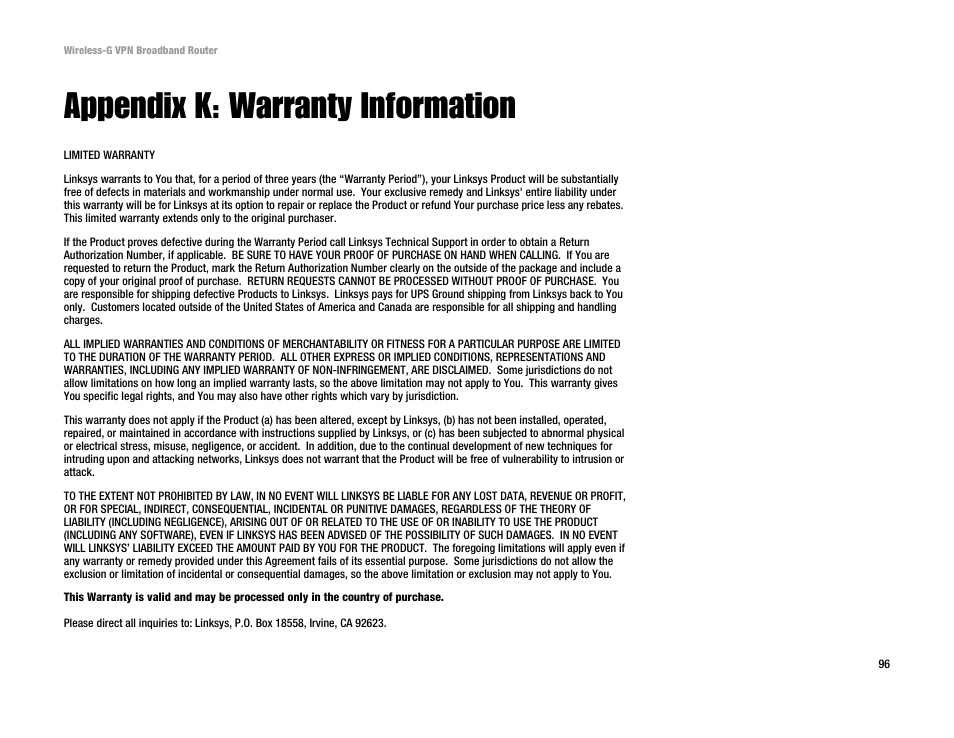 Appendix k: warranty information | Cisco WRV54G User Manual | Page 100 / 101