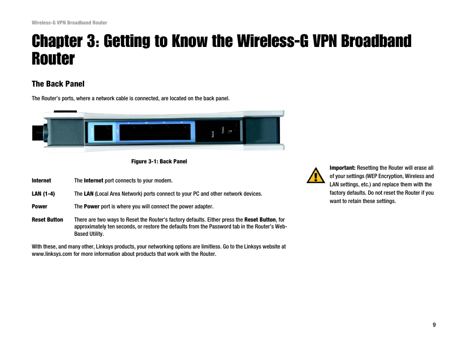 The back panel | Cisco WRV54G User Manual | Page 13 / 101