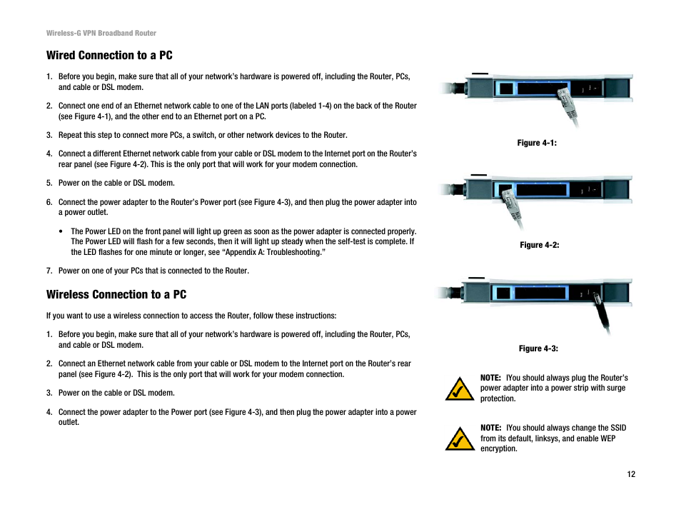 Wired connection to a pc, Wireless connection to a pc | Cisco WRV54G User Manual | Page 16 / 101