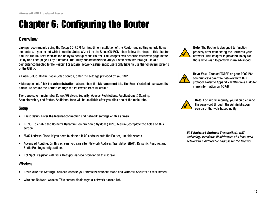 Chapter 6: configuring the router, Overview | Cisco WRV54G User Manual | Page 21 / 101