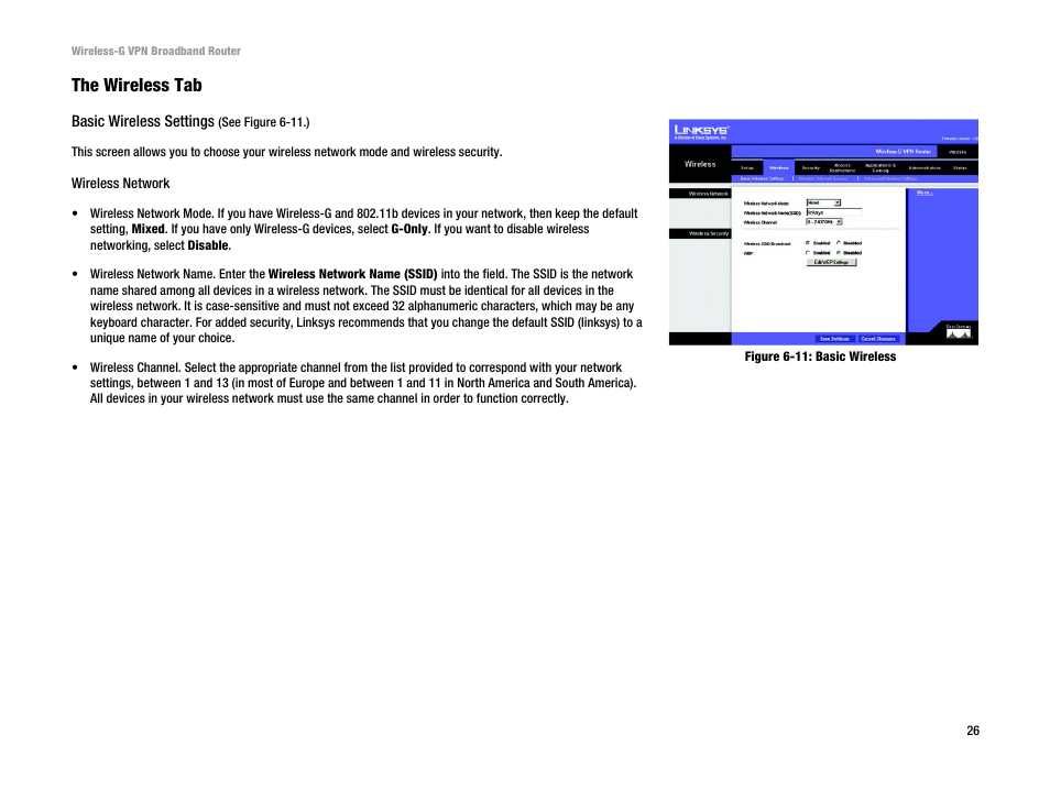 The wireless tab | Cisco WRV54G User Manual | Page 30 / 101