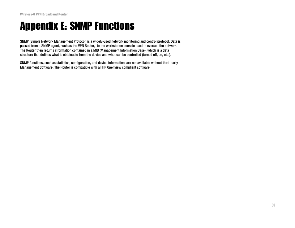 Appendix e: snmp functions | Cisco WRV54G User Manual | Page 87 / 101