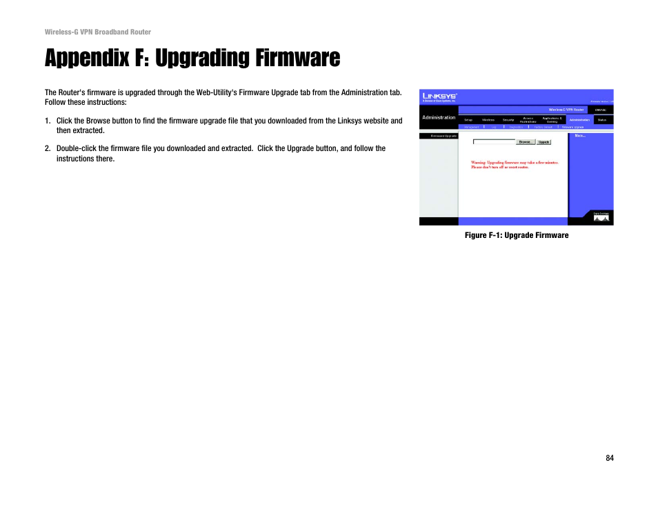 Appendix f: upgrading firmware | Cisco WRV54G User Manual | Page 88 / 101