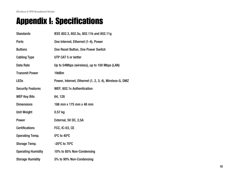 Appendix i: specifications | Cisco WRV54G User Manual | Page 96 / 101