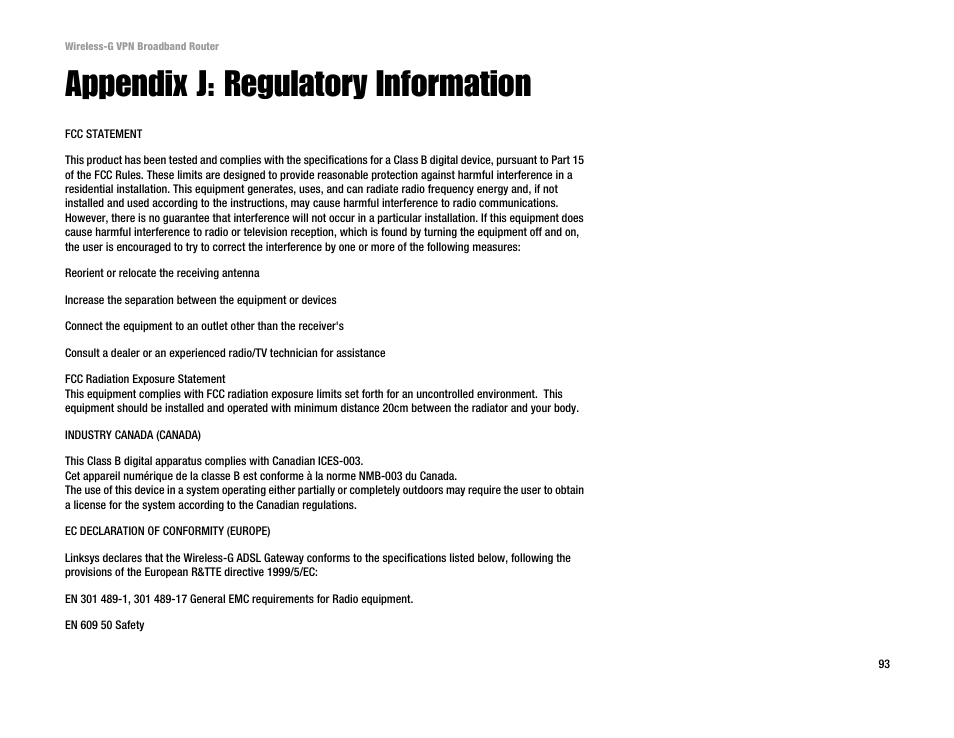 Appendix j: regulatory information | Cisco WRV54G User Manual | Page 97 / 101