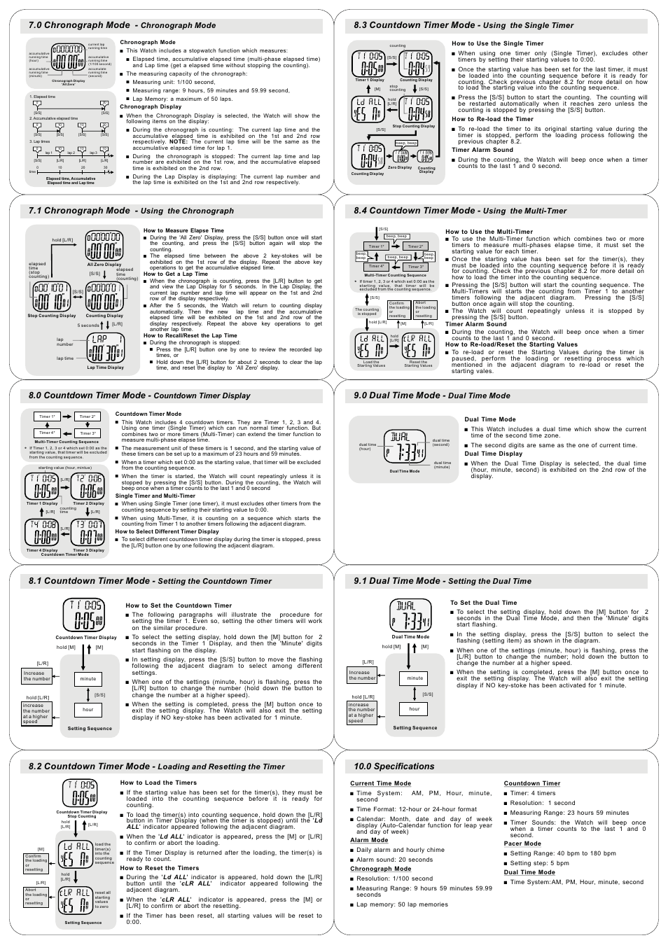 0 chronograph mode, 1 chronograph mode, 0 countdown timer mode | 1 countdown timer mode, 2 countdown timer mode, 3 countdown timer mode, 4 countdown timer mode, 0 dual time mode, 1 dual time mode, 0 specifications | Q&Q QUARTZ L105J User Manual | Page 2 / 14