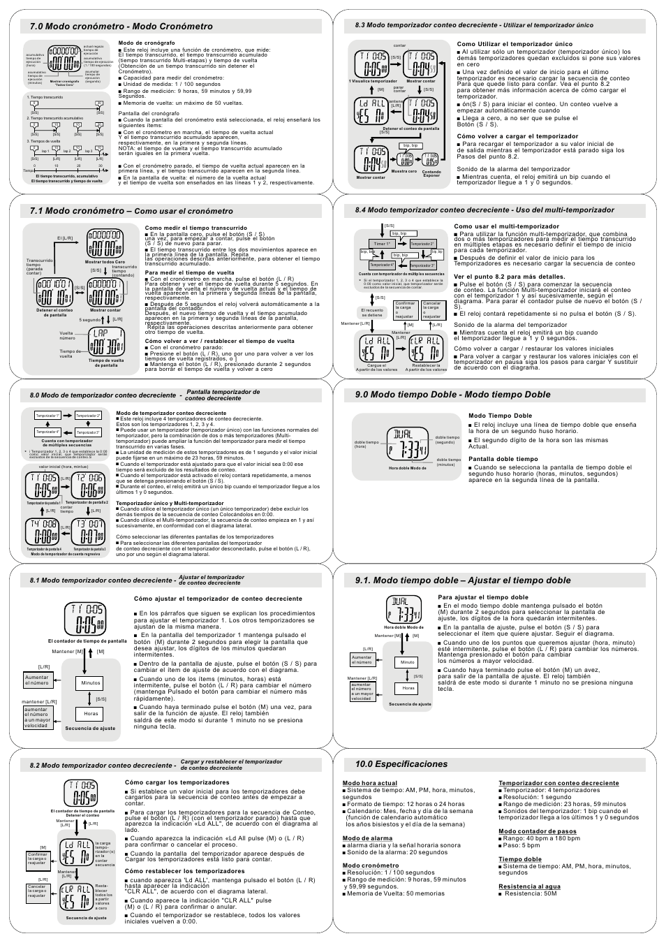0 modo cronómetro - modo cronómetro, 1 modo cronómetro, 0 modo tiempo doble - modo tiempo doble | Modo tiempo doble – ajustar el tiempo doble, 0 especificaciones, Como usar el cronómetro | Q&Q QUARTZ L105J User Manual | Page 4 / 14