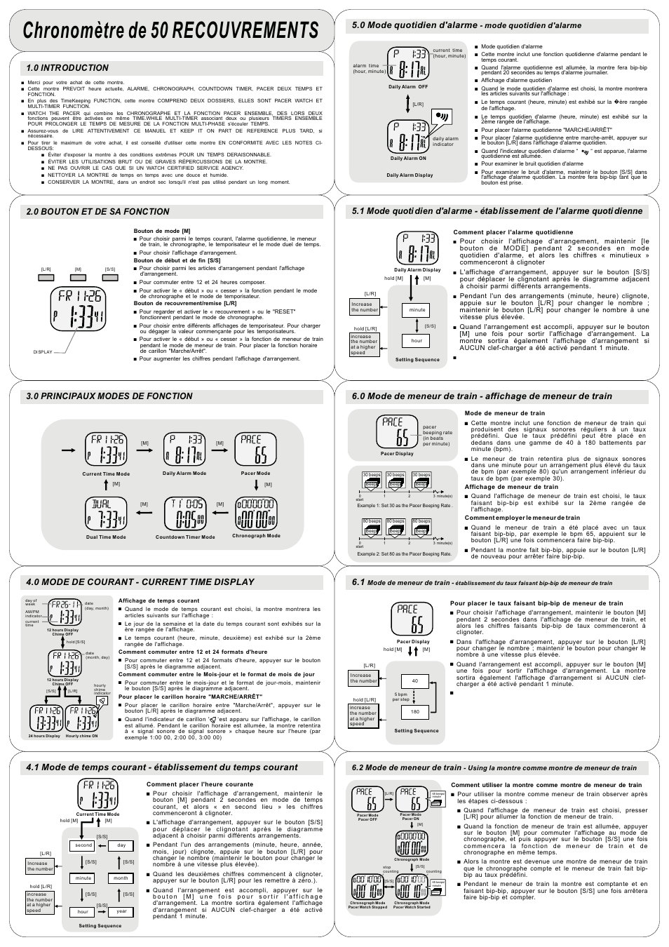 Chronomètre de 50 recouvrements, 0 introduction, 0 bouton et de sa fonction | 0 principaux modes de fonction, 0 mode de courant - current time display, 0 mode quotidien d'alarme, Mode quotidien d'alarme, 2 mode de meneur de train | Q&Q QUARTZ L105J User Manual | Page 5 / 14