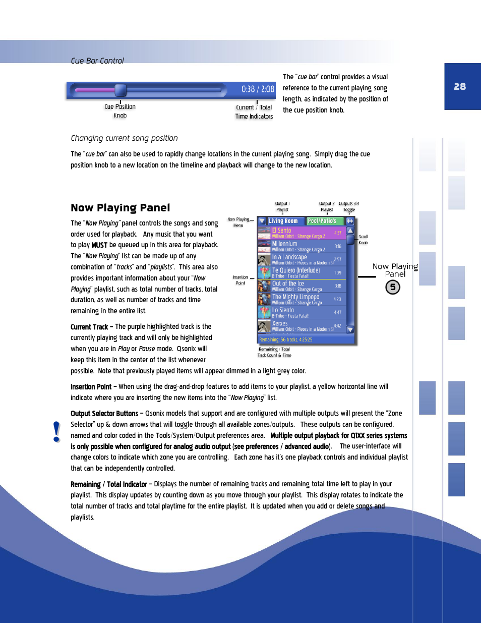 Cue bar control changing current song position, Now playing panel | Qsonix Qsonix User Manual | Page 28 / 56
