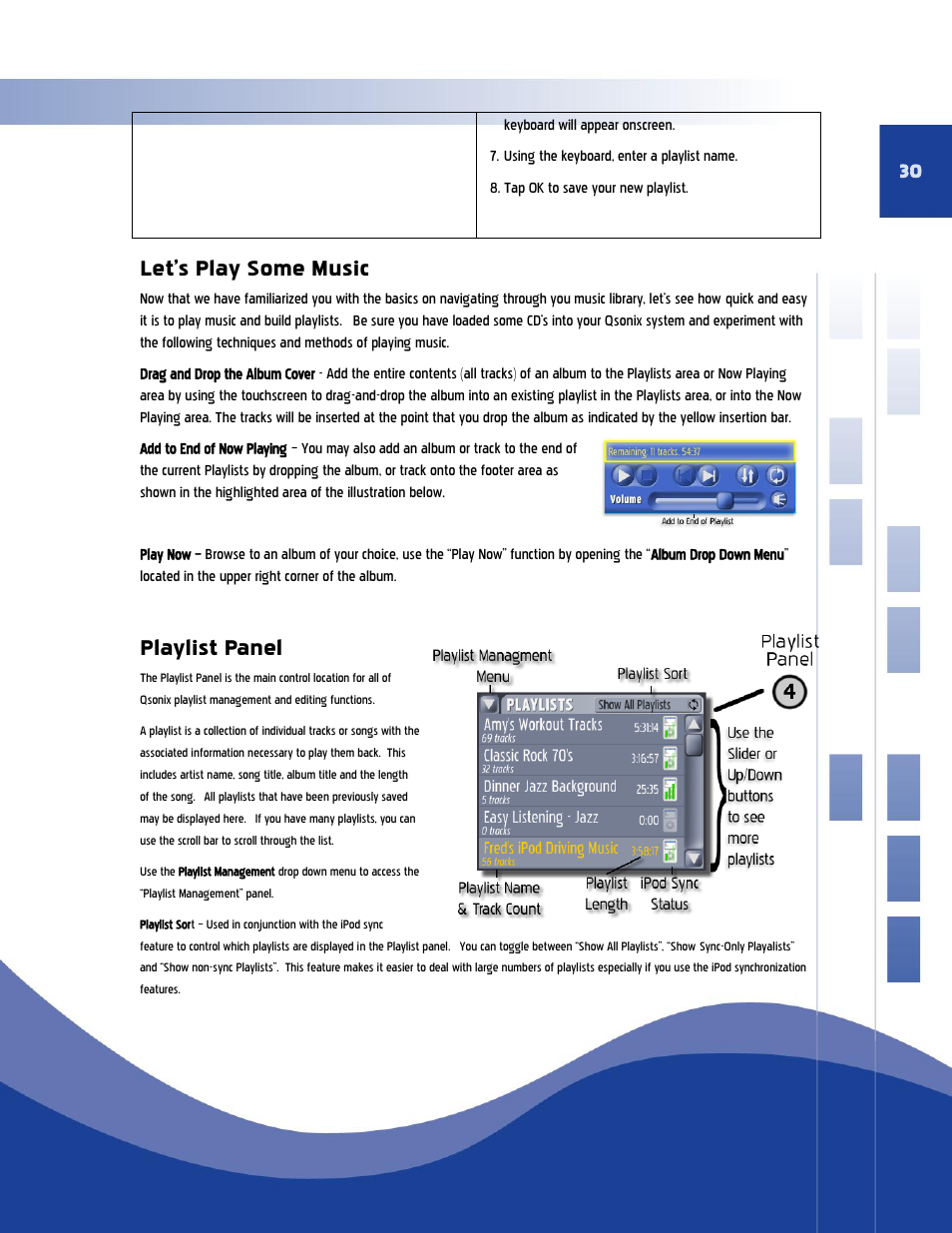 Let’s play some music playlist panel, Let’s play some music, Playlist panel | Qsonix Qsonix User Manual | Page 30 / 56