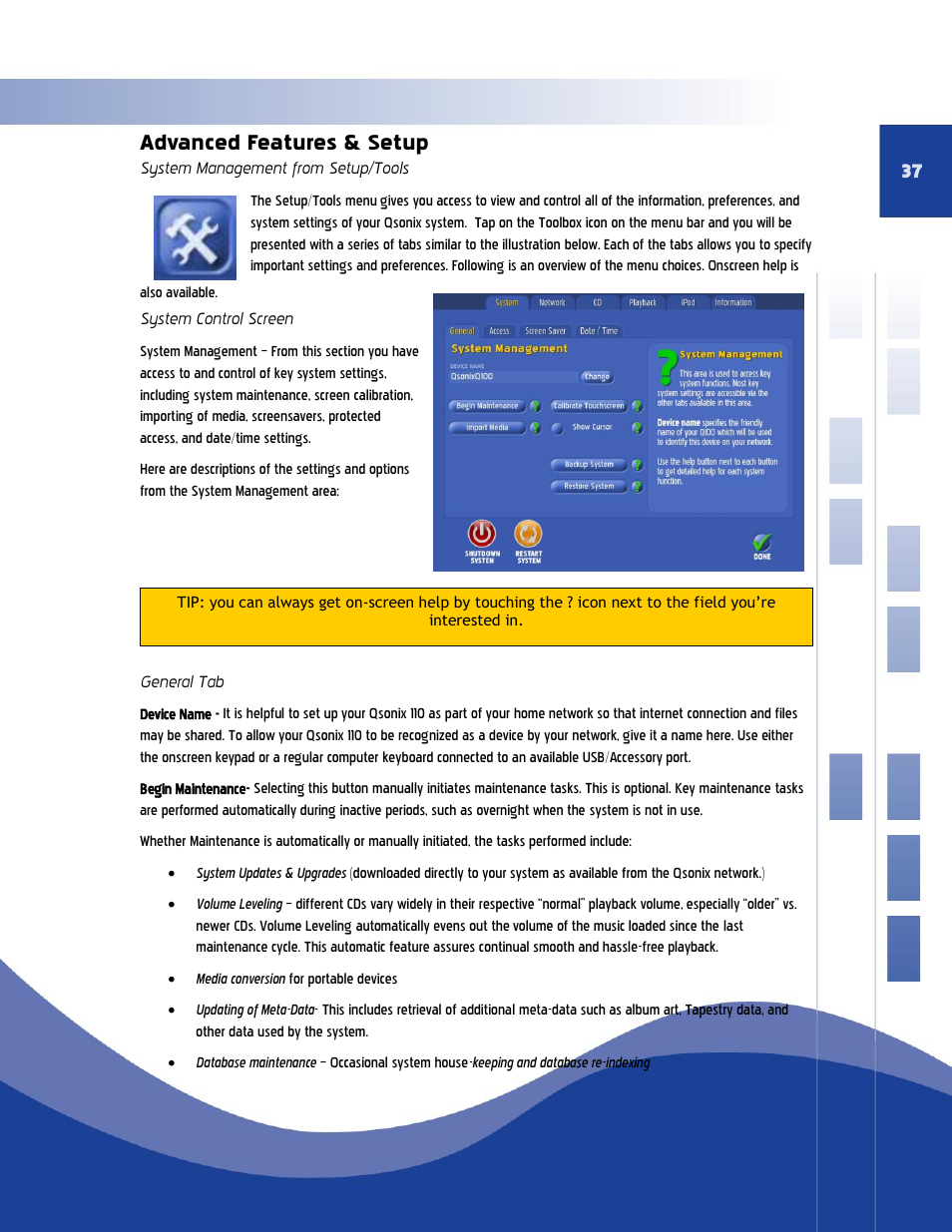 Advanced features & setup, System management from setup/tools, System control screen general tab | System control screen, General tab | Qsonix Qsonix User Manual | Page 37 / 56