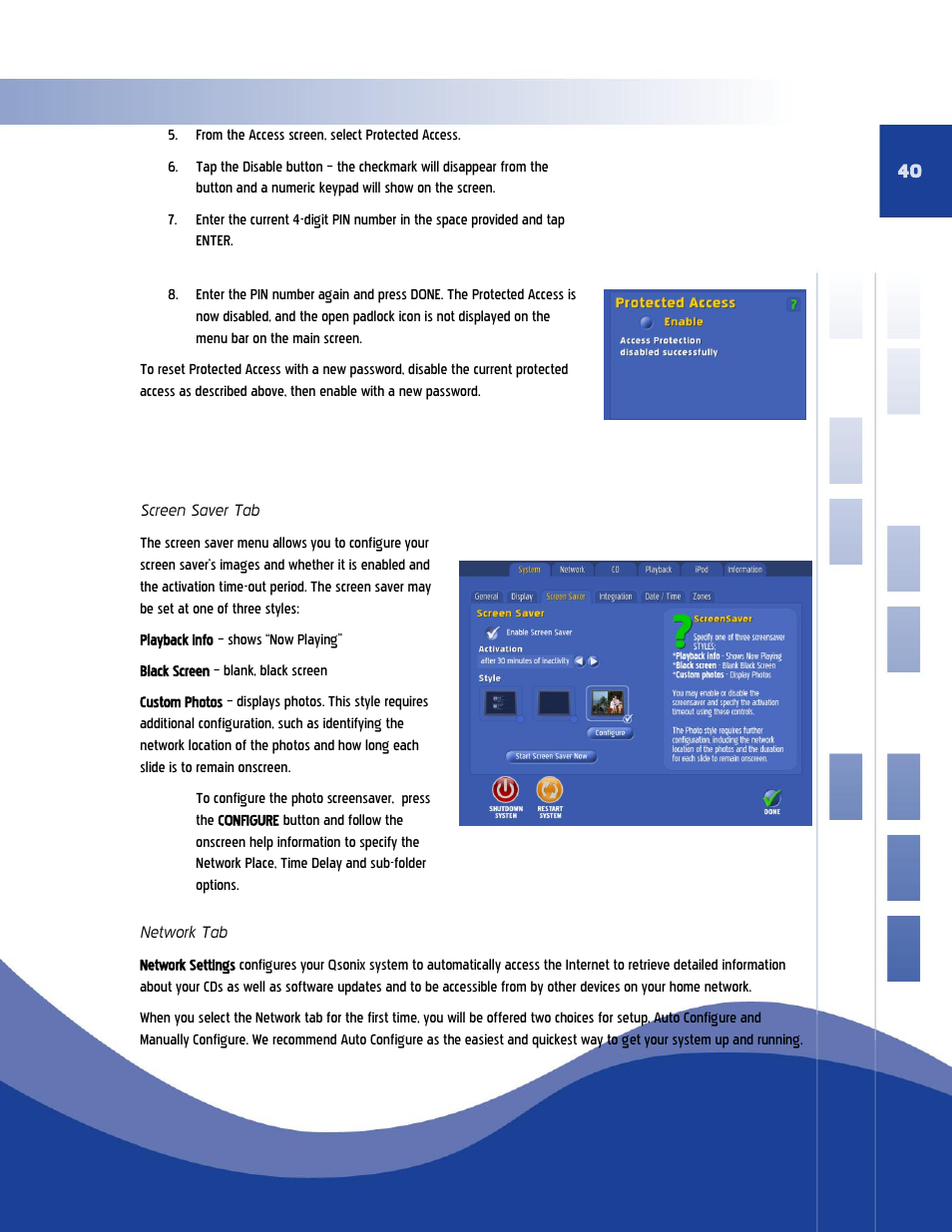 Screen saver tab network tab | Qsonix Qsonix User Manual | Page 40 / 56