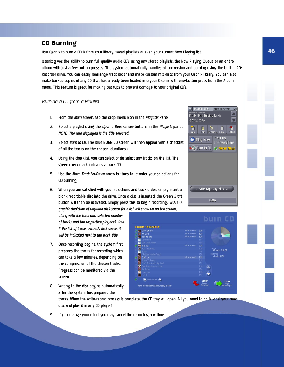 Cd burning, Burning a cd from a playlist | Qsonix Qsonix User Manual | Page 46 / 56