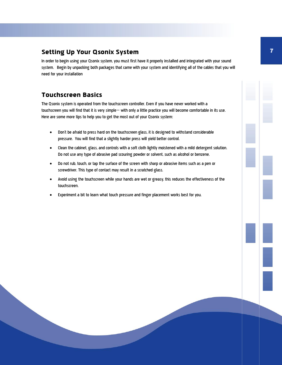 Setting up your qsonix system touchscreen basics, Setting up your qsonix system, Touchscreen basics | Qsonix Qsonix User Manual | Page 7 / 56