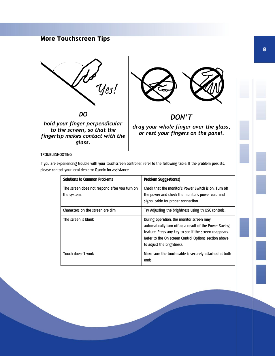 More touchscreen tips, Don’t | Qsonix Qsonix User Manual | Page 8 / 56