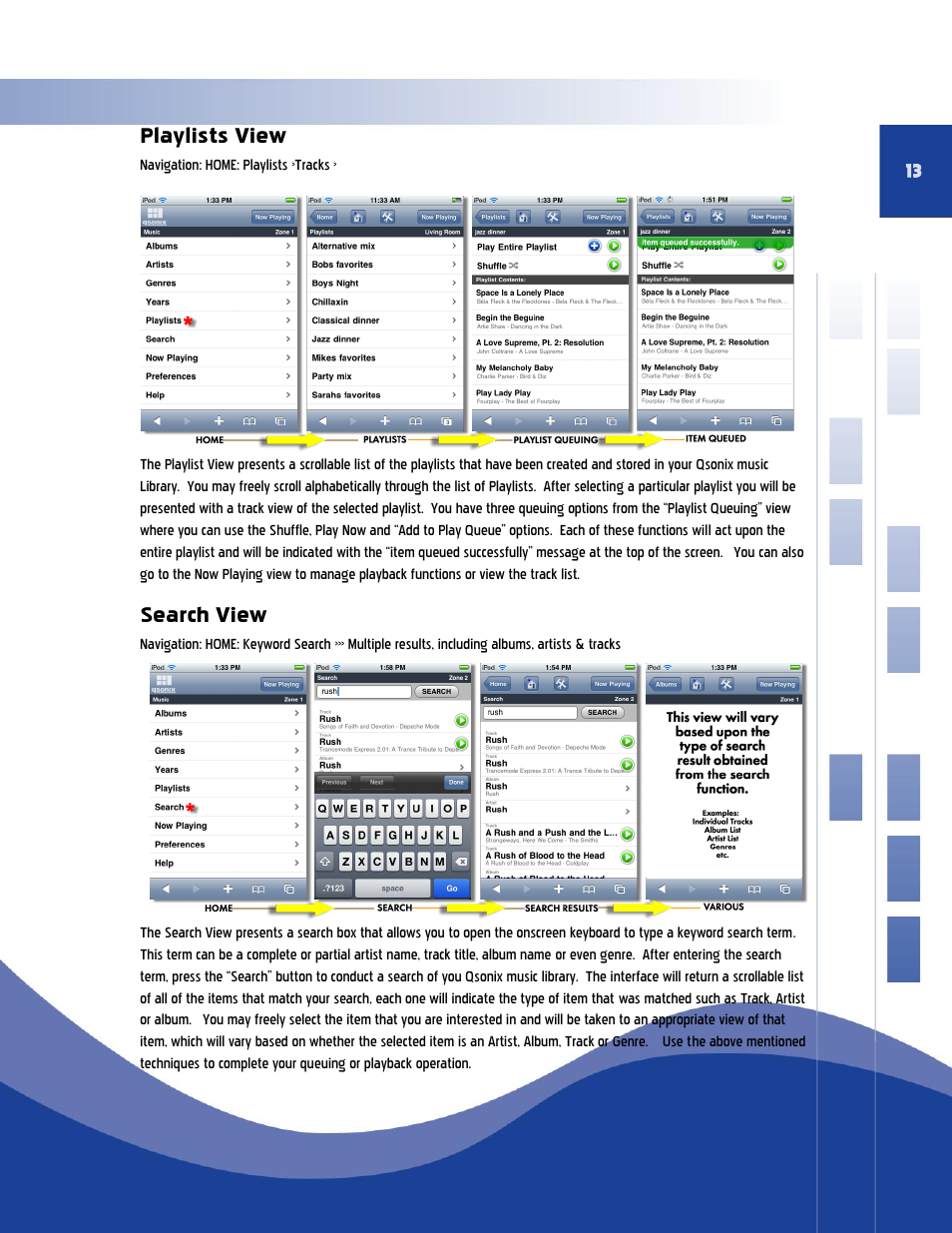 Playlists view, Search view | Qsonix iPad/iPhone Addendum User Manual | Page 13 / 15