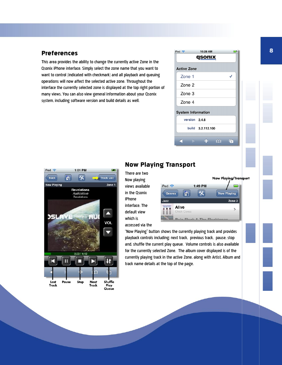 Preferences, Now playing transport | Qsonix iPad/iPhone Addendum User Manual | Page 8 / 15