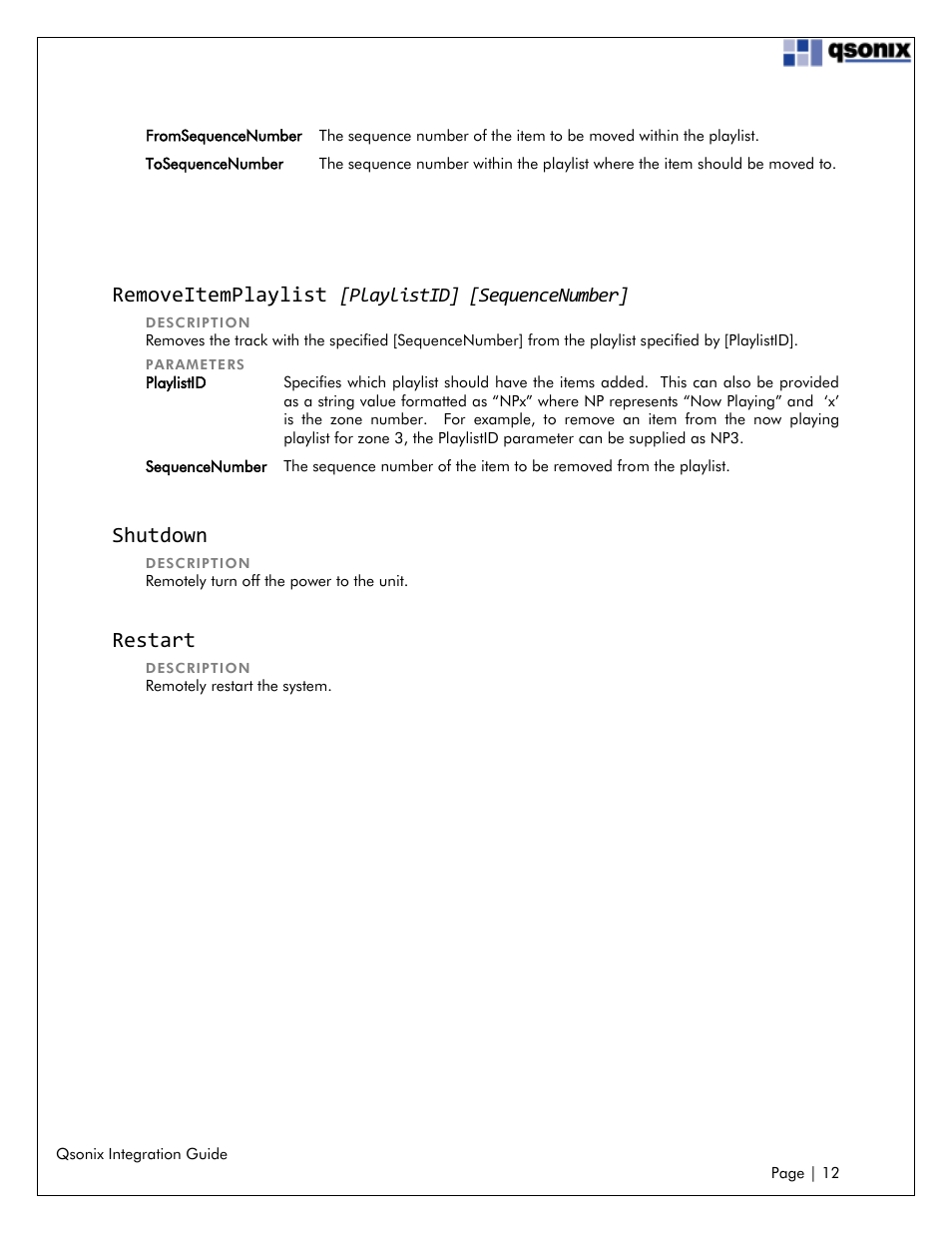 Removeitemplaylist [playlistid] [sequencenumber, Shutdown, Restart | Removeitemplaylist, Playlistid] [sequencenumber | Qsonix Integration User Manual | Page 12 / 32