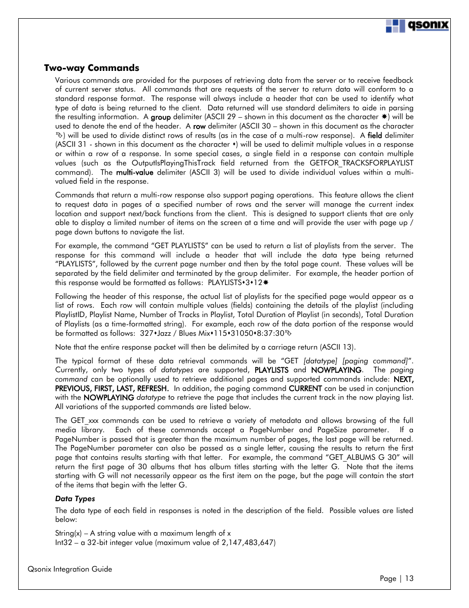 Two-way commands | Qsonix Integration User Manual | Page 13 / 32