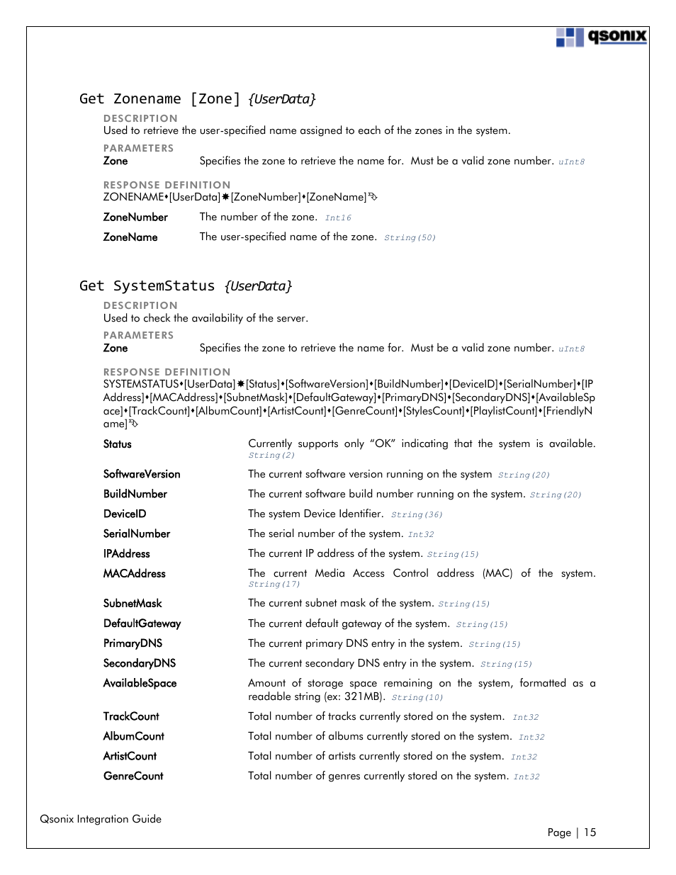 Get zonename [zone] {userdata, Get systemstatus {userdata, Get zonename [zone | Get systemstatus, Userdata | Qsonix Integration User Manual | Page 15 / 32