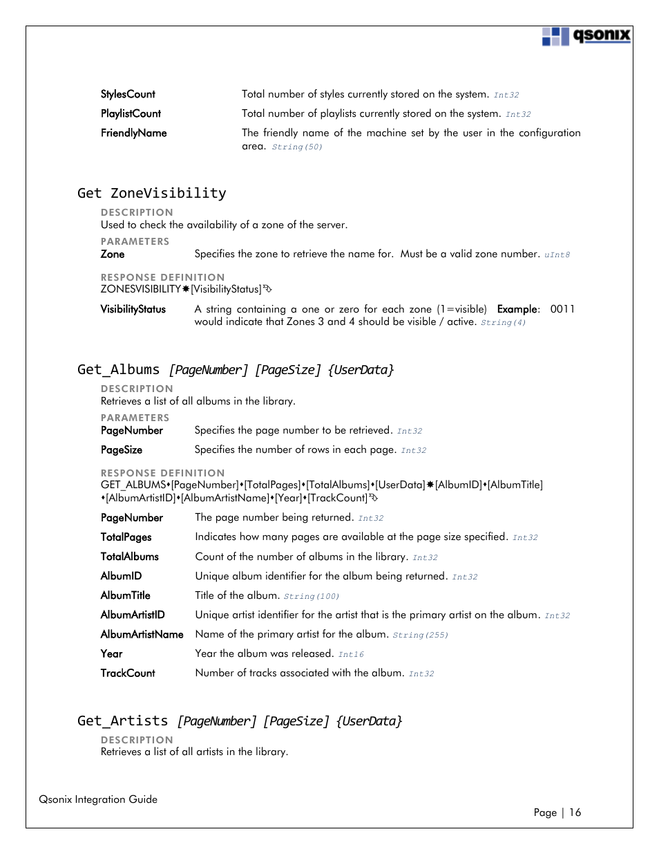 Get zonevisibility, Get_albums, Get_artists | Pagenumber] [pagesize] {userdata | Qsonix Integration User Manual | Page 16 / 32