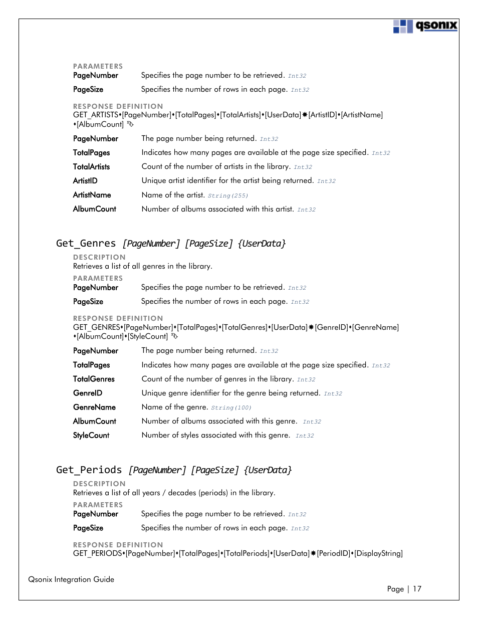Get_genres, Get_periods, Pagenumber] [pagesize] {userdata | Qsonix Integration User Manual | Page 17 / 32