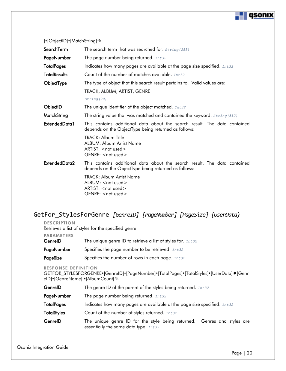 Getfor_stylesforgenre, Genreid, Pagenumber] [pagesize] {userdata | Qsonix Integration User Manual | Page 20 / 32